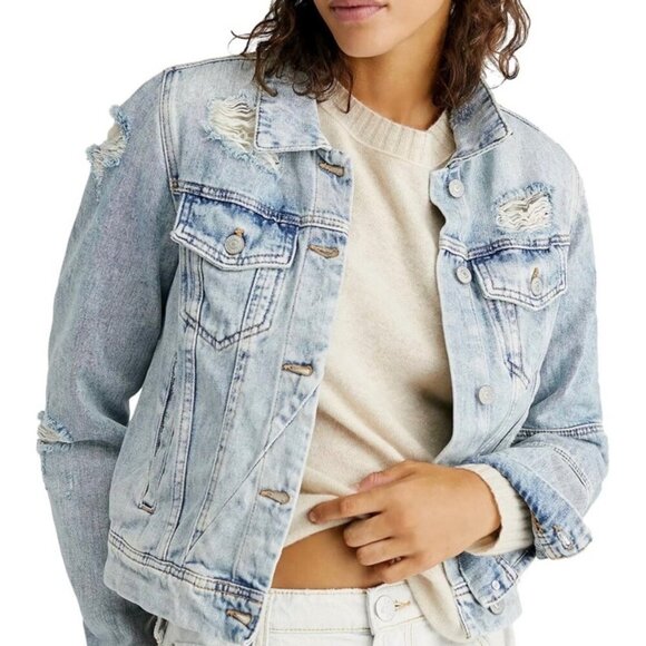 Free People Rumors Ripped Distressed destroyed Denim Jean Jacket Size XS casual - Picture 1 of 11